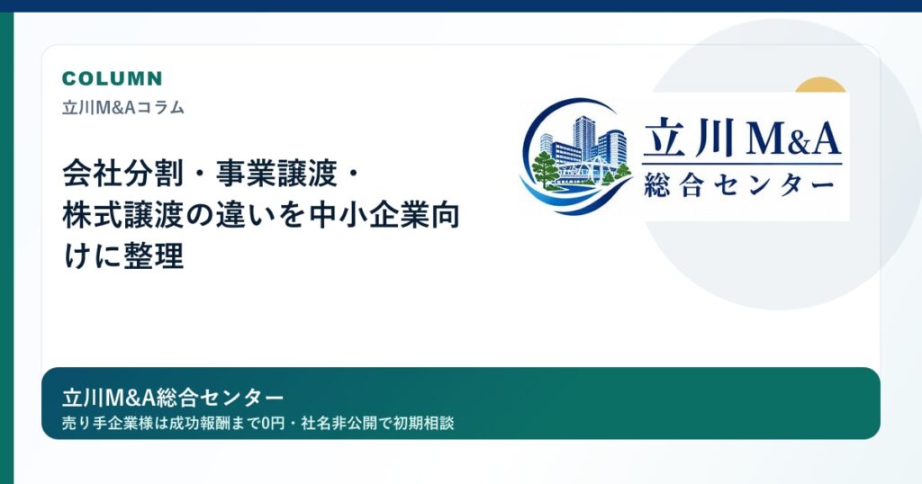 会社分割・事業譲渡・株式譲渡の違いを中小企業向けに整理のロゴ入りアイキャッチ画像