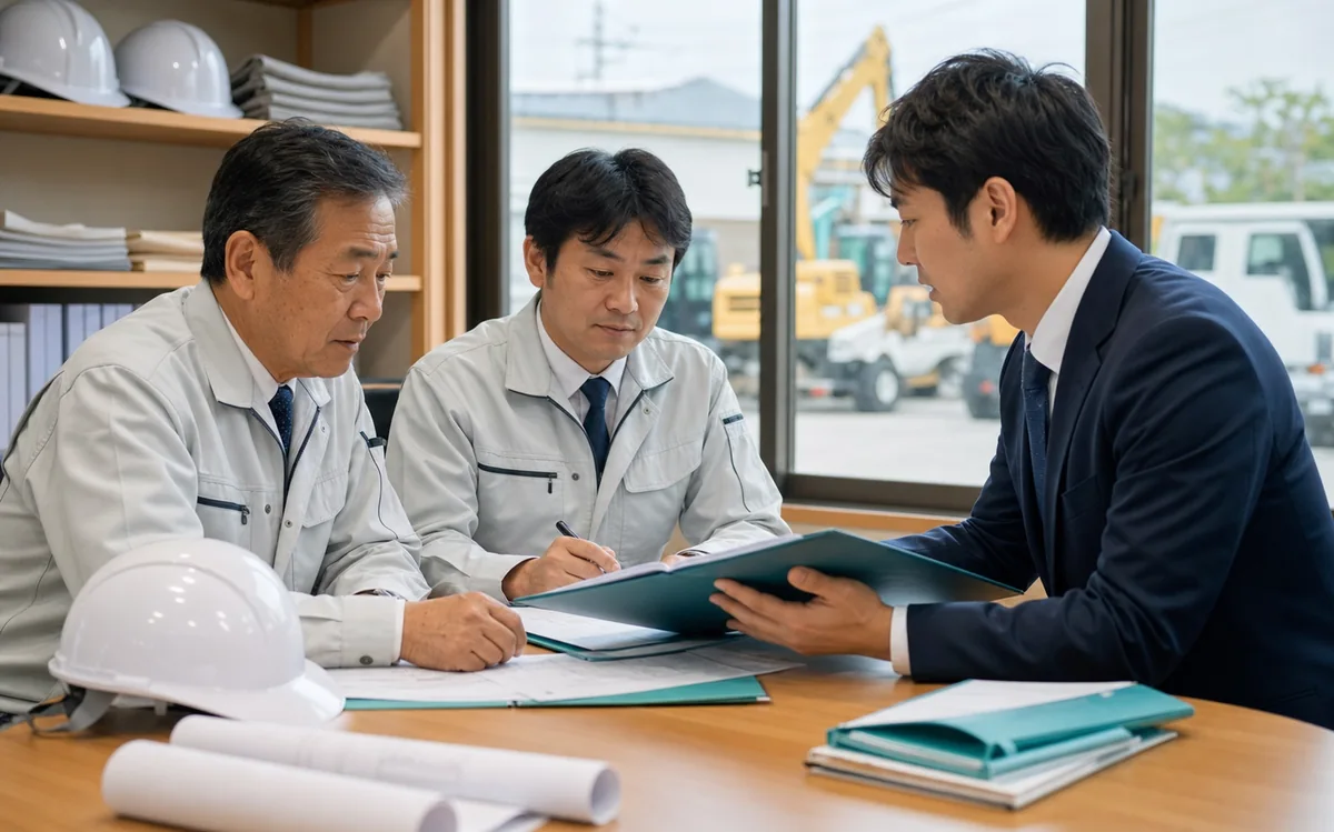 建設設備会社の経営者が会社売却と引き継ぎについて相談する様子