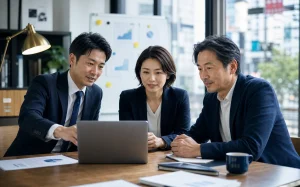ITや事務所型企業の経営者が会社売却の資料を確認する様子