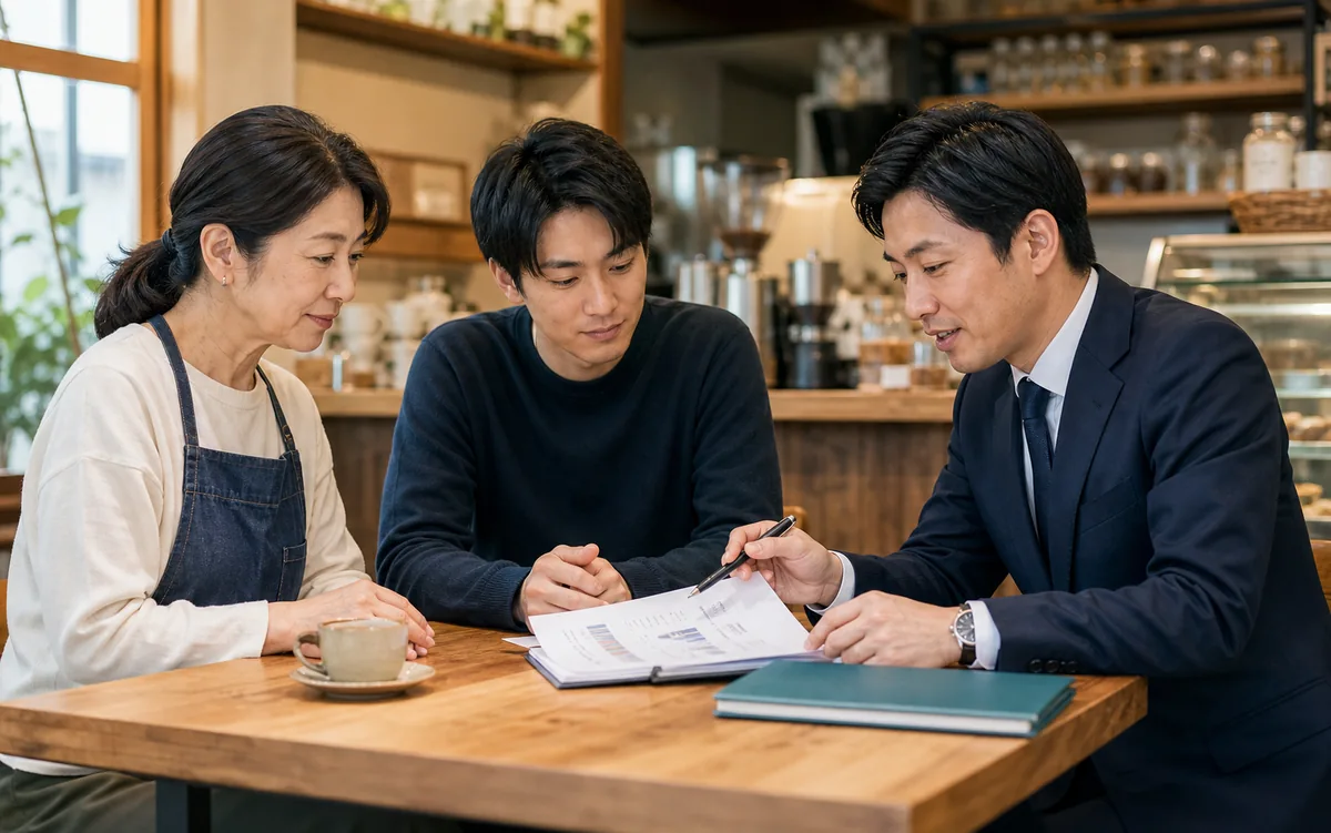 地域店舗のオーナーが後継者とM&Aアドバイザーに相談する様子