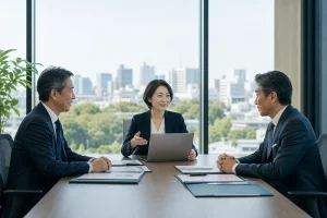 会社売却を検討する経営者と譲受企業がM&Aアドバイザーに相談する様子