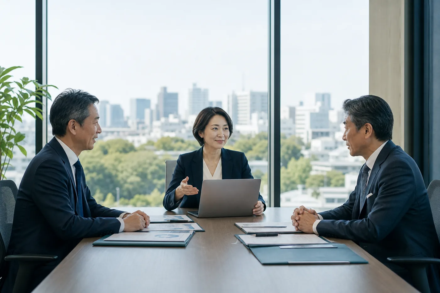 会社売却を検討する経営者と譲受企業がM&Aアドバイザーに相談する様子